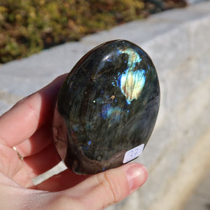 Labradorit Freiform poliert - 6x5cm - Intuition und Kreativität Nr.37 mit schimmernden blauen und grünen Labradoreszenz in der Hand