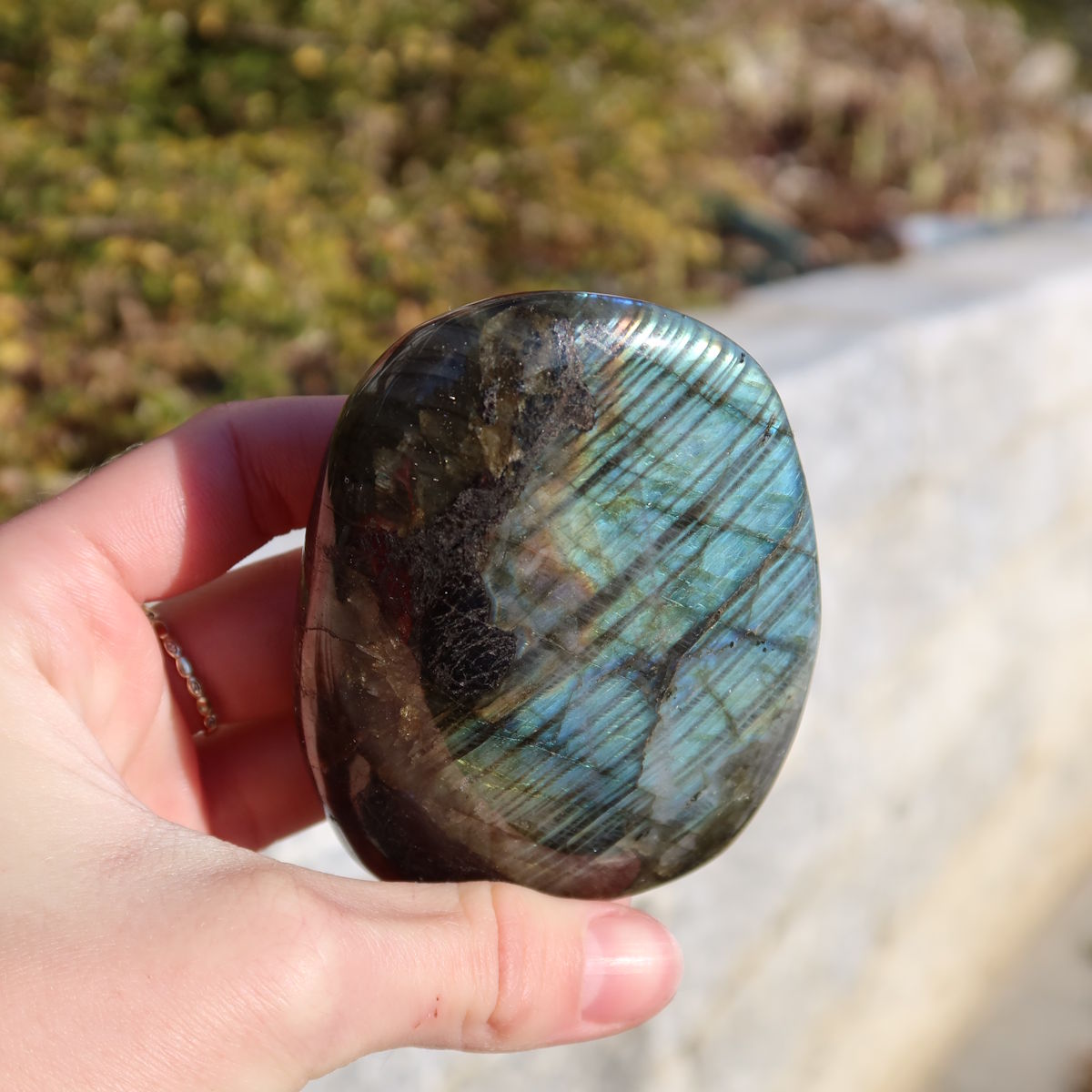 Labradorit Freiform poliert - 7x5cm - Intuition und Kreativität Nr.5 vor grünem Hintergrund.