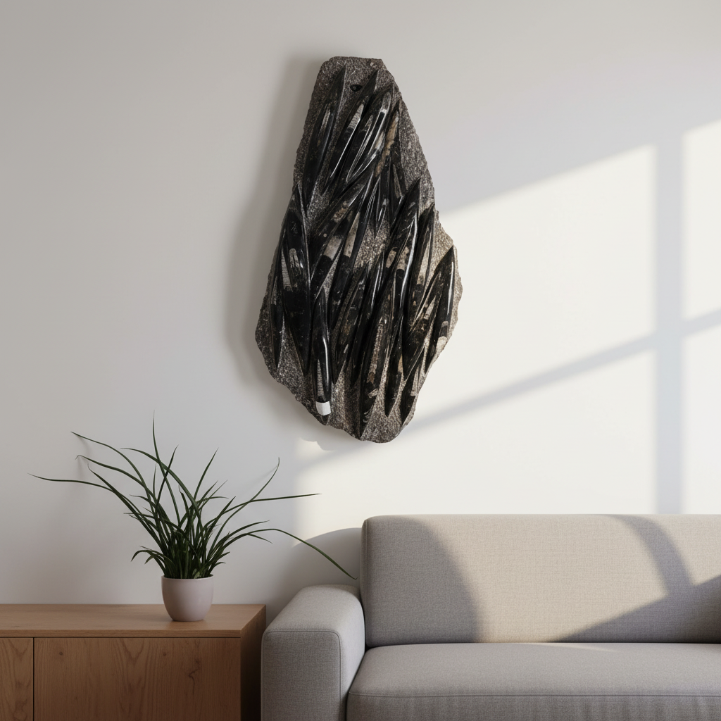 Einzigartige XL Fossile Orthoceras Platte (Tintenfische) - 77x41cm - 280-320 Millionen Jahre - Nr. 14 an einer Wohnzimmerwand