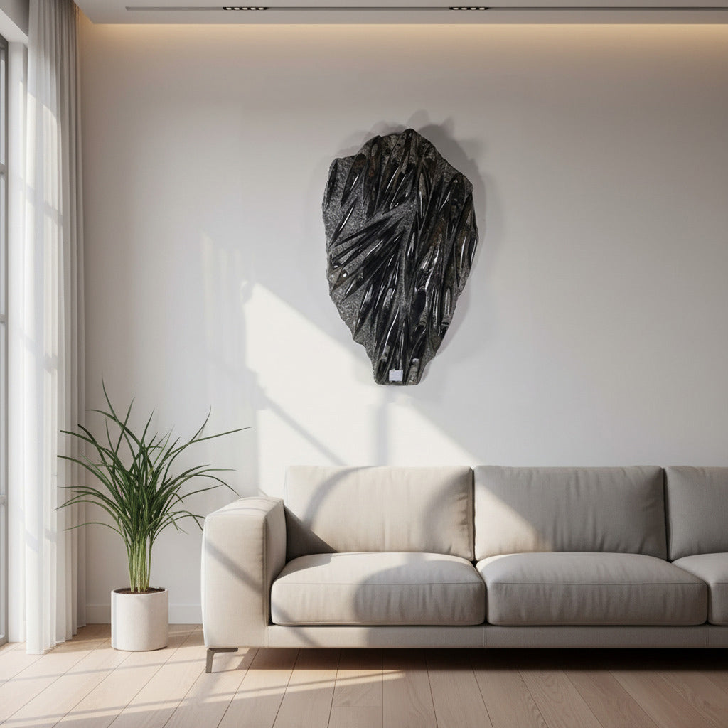 Einzigartige XL Fossile Orthoceras Platte (Tintenfische) - 71x45cm - 280-320 Millionen Jahre - Nr. 20 im Wohnzimmer