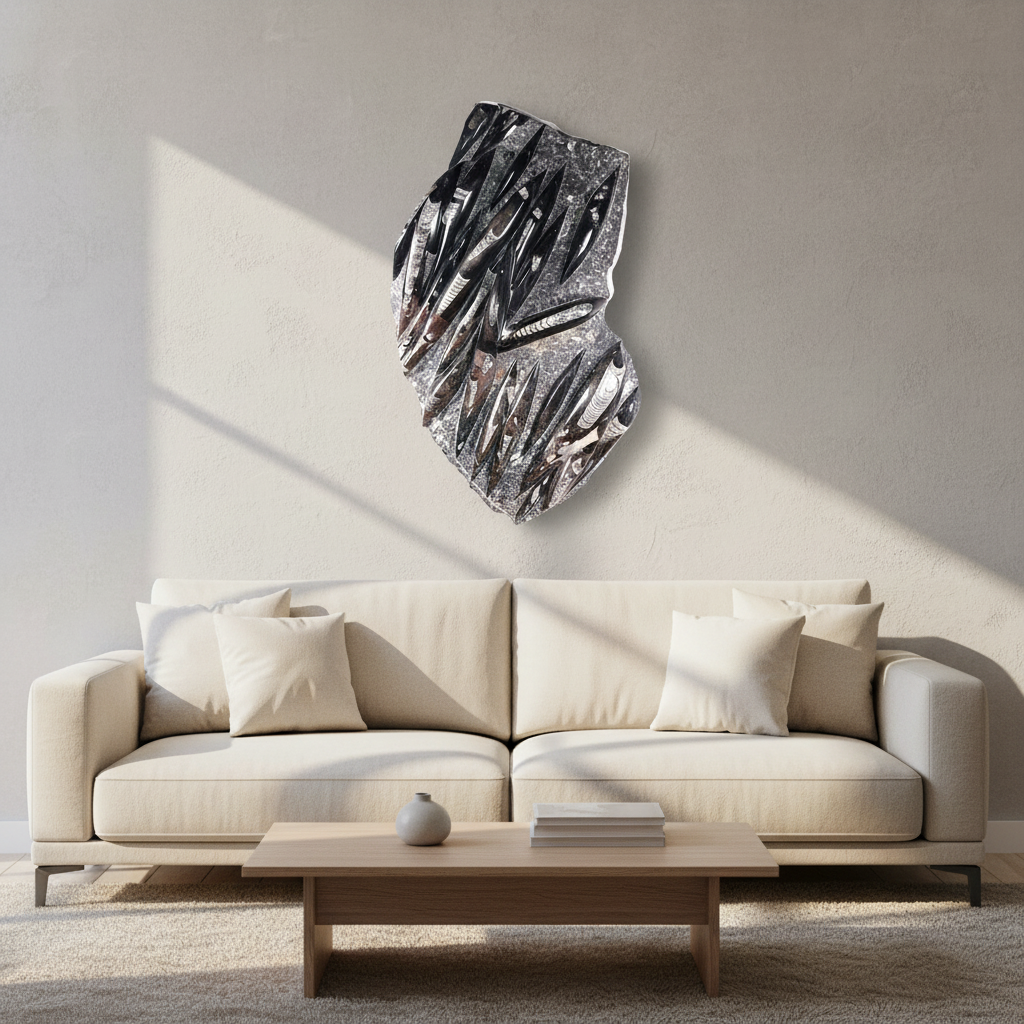 Einzigartige XL Fossile Orthoceras Platte (Tintenfische) - 67x48cm - 280-320 Millionen Jahre - Nr. 28, dekorativ präsentiert im Wohnzimmer.