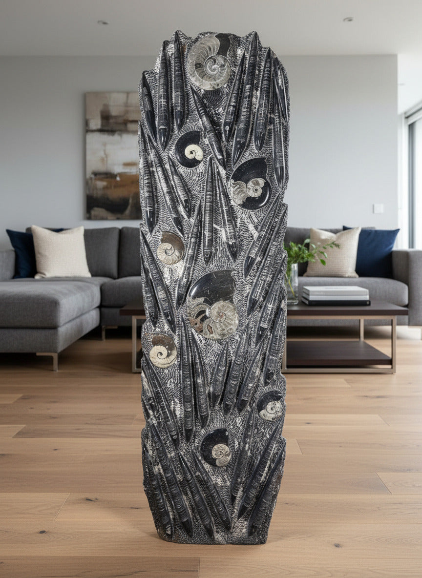 Orthocera und Ammoniten Skulptur freistehend, 168x49cm, 280-320 Millionen Jahre alt, Fossilienkunstwerk in modernem Wohnzimmer
