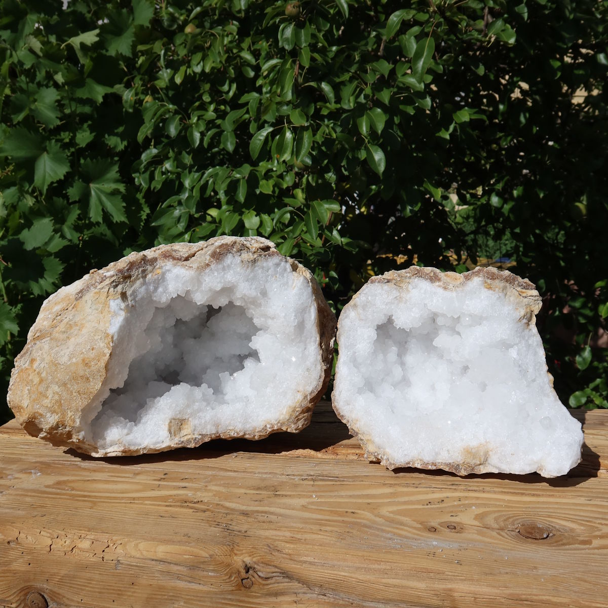 Quarz Geode geöffnet -XXL– Glücksgeode – Stabilität und Klarheit – 30x28x19 cm- Unikat Nr. 11 auf Holztisch