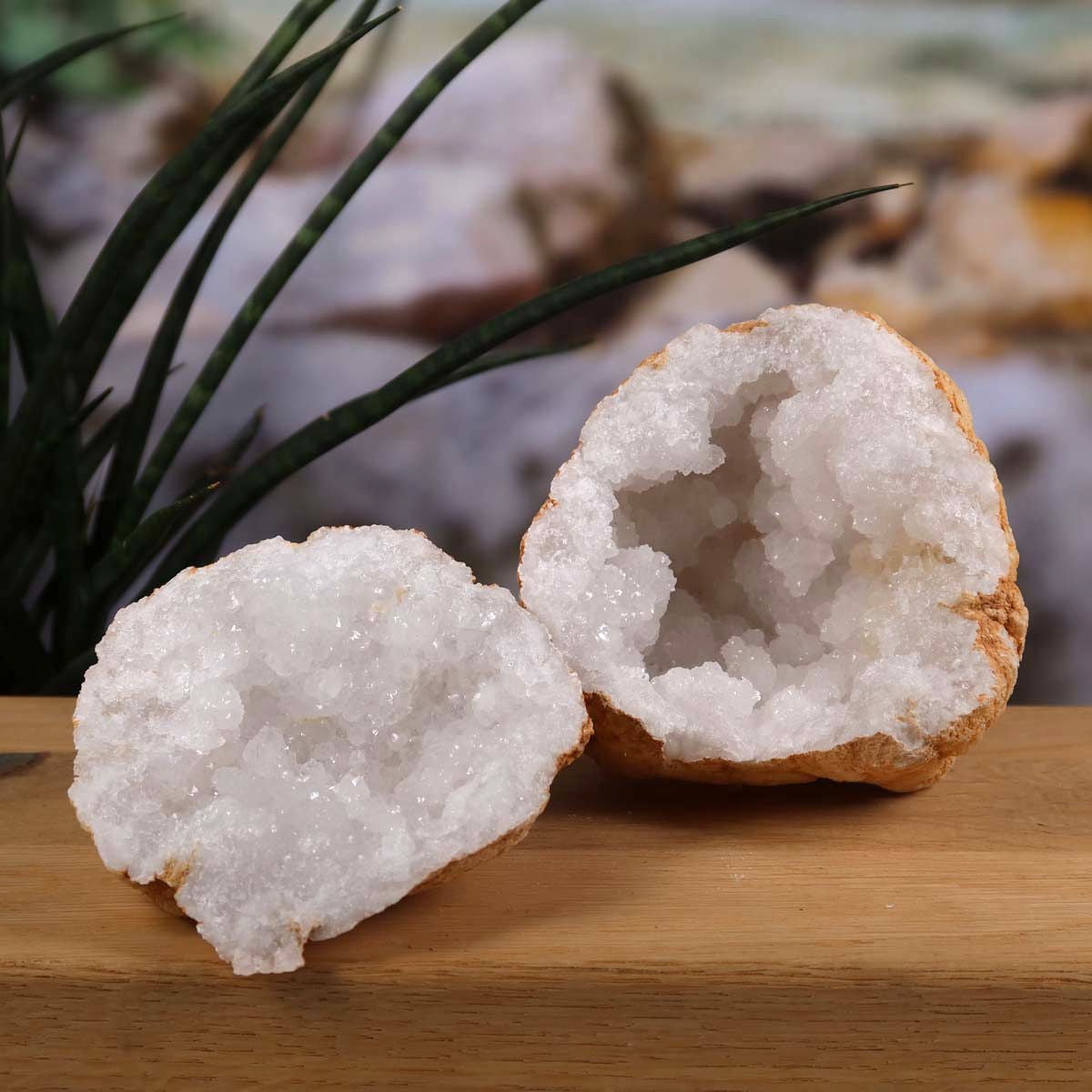 Quarz Geode geöffnet – Glücksgeode – Stabilität und Klarheit – 10x10x9cm - Unikat Nr. 12, offene Quarzgeode auf Holztisch.