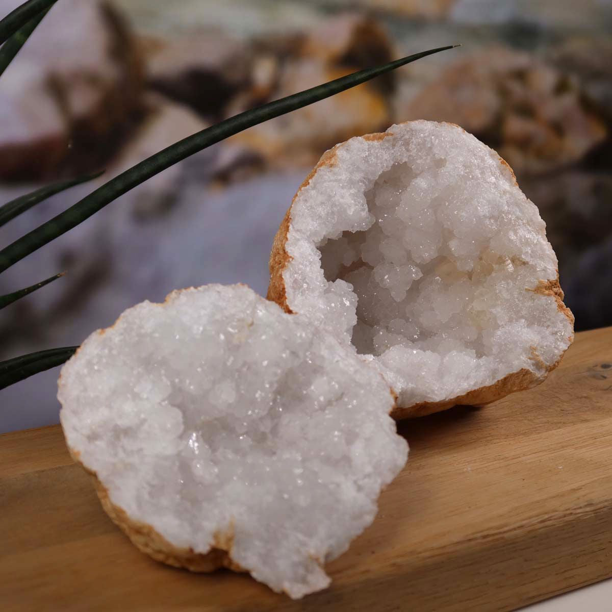 Quarz Geode geöffnet – Glücksgeode – Stabilität und Klarheit – 10x10x9cm - Unikat Nr. 12, offene Quarzgeode auf Holztisch.