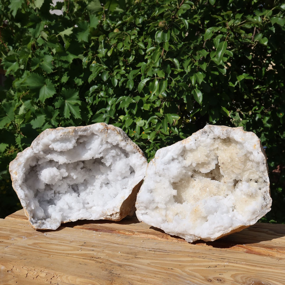 Quarz Geode geöffnet -XXL– Glücksgeode – Stabilität und Klarheit – 30x25x20cm - Unikat Nr. 17 displayed on wooden surface.