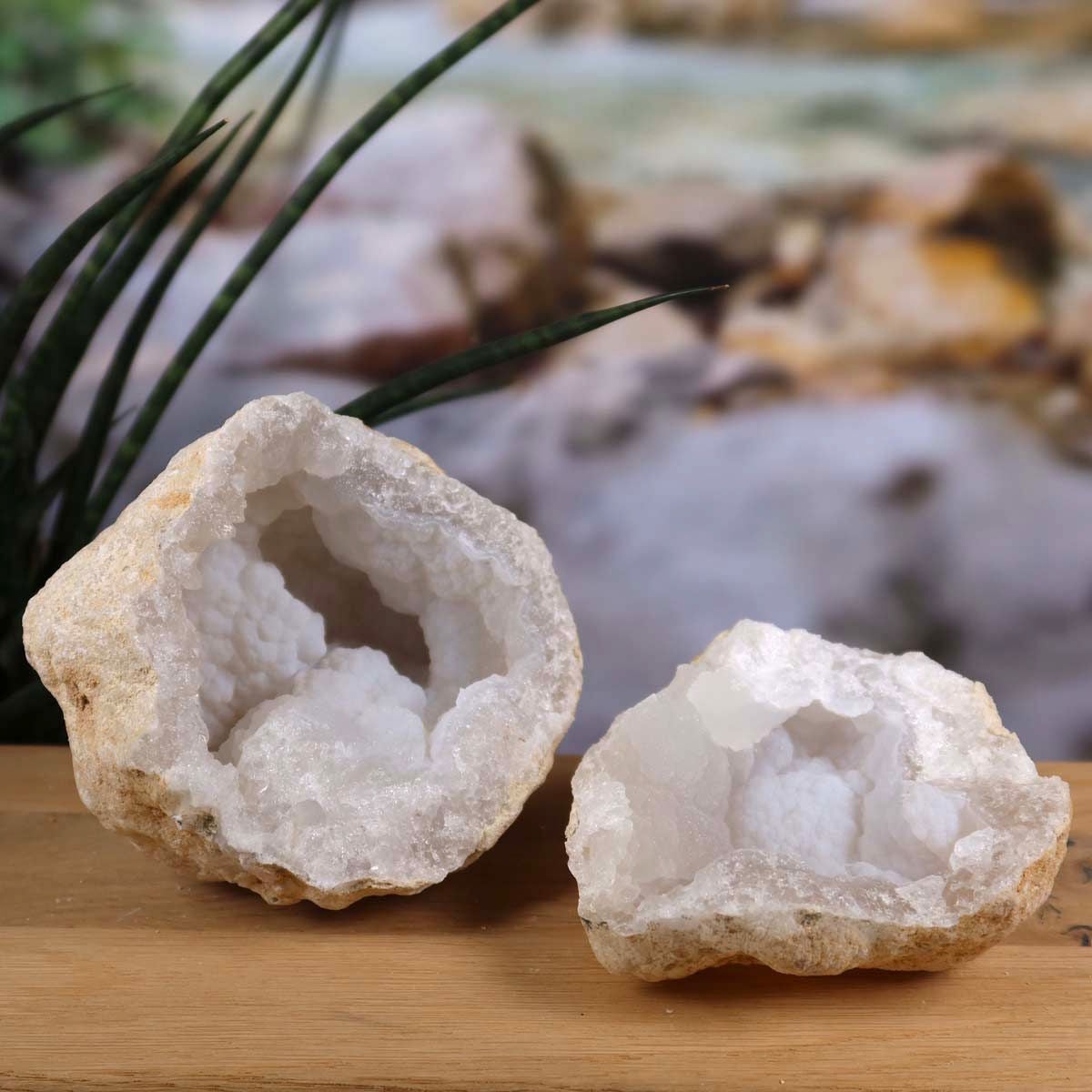 Quarz Geode geöffnet – Glücksgeode – Stabilität und Klarheit – 12x11x9 - Unikat Nr. 25 auf Holzoberfläche