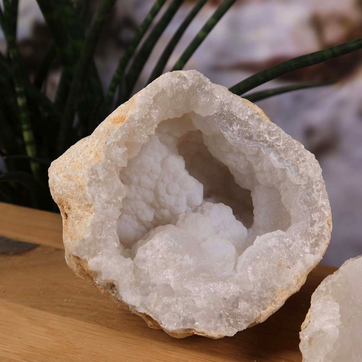 Quarz Geode geöffnet – Glücksgeode – Stabilität und Klarheit – 12x11x9 - Unikat Nr. 25 auf Holzoberfläche