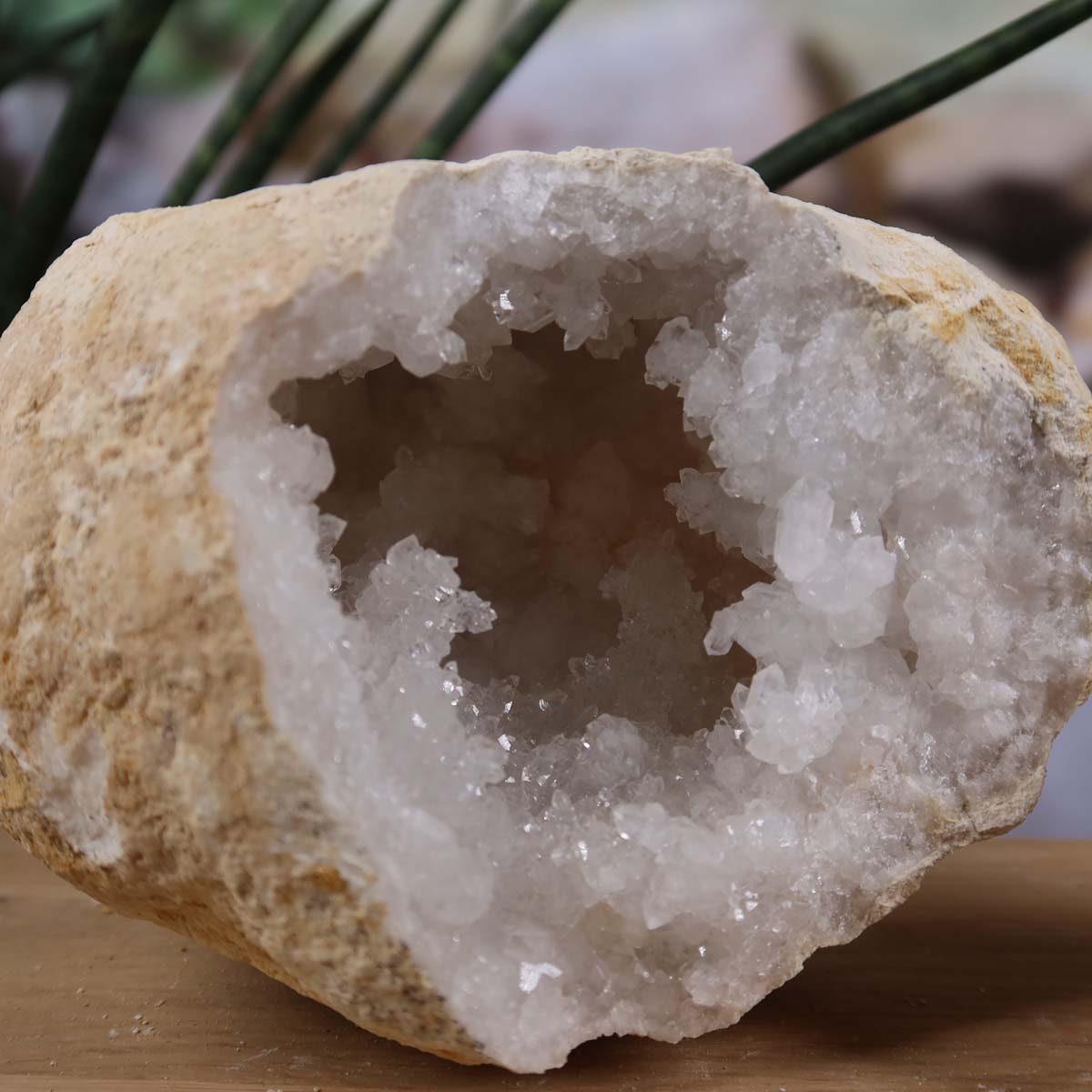 Quarz Geode geöffnet – Glücksgeode – Stabilität und Klarheit – 13x10x8cm - Unikat Nr. 29 auf Holzuntergrund