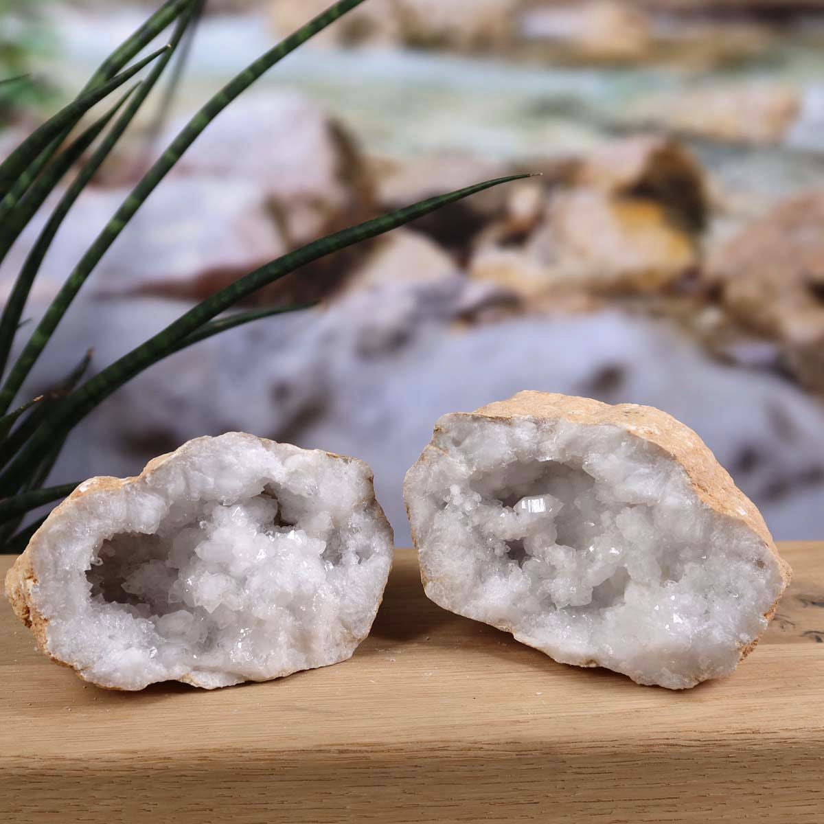 Quarz Geode geöffnet – Glücksgeode – Stabilität und Klarheit – 14x10x5 - Unikat Nr. 30 aus Marokko, geöffnete Quarzkristalle auf Holz