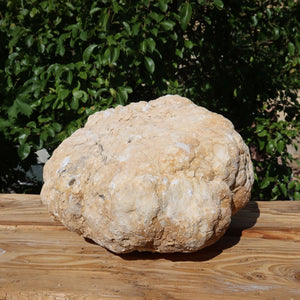 Quarz Geode geöffnet -XXL– Glücksgeode – Stabilität und Klarheit – 35x30x21cm - Unikat Nr. 6 auf einem Holztisch