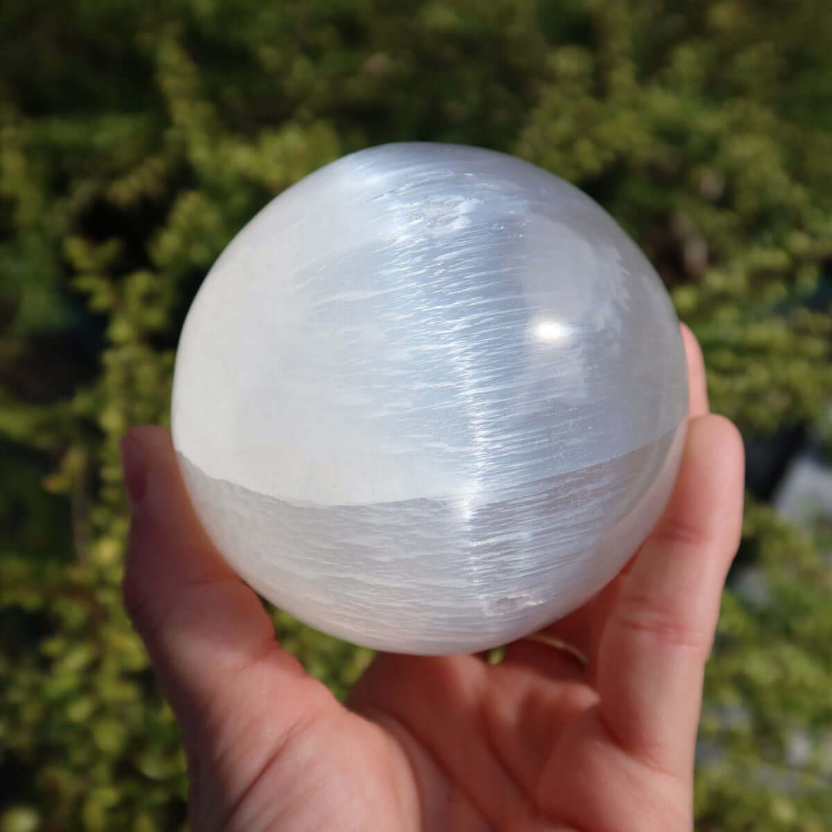 Natürliche Selenit Kristall Kugel 80mm (Marienglas, Gips) - Lichtbringer und Schutzstein, gehalten in einer Hand