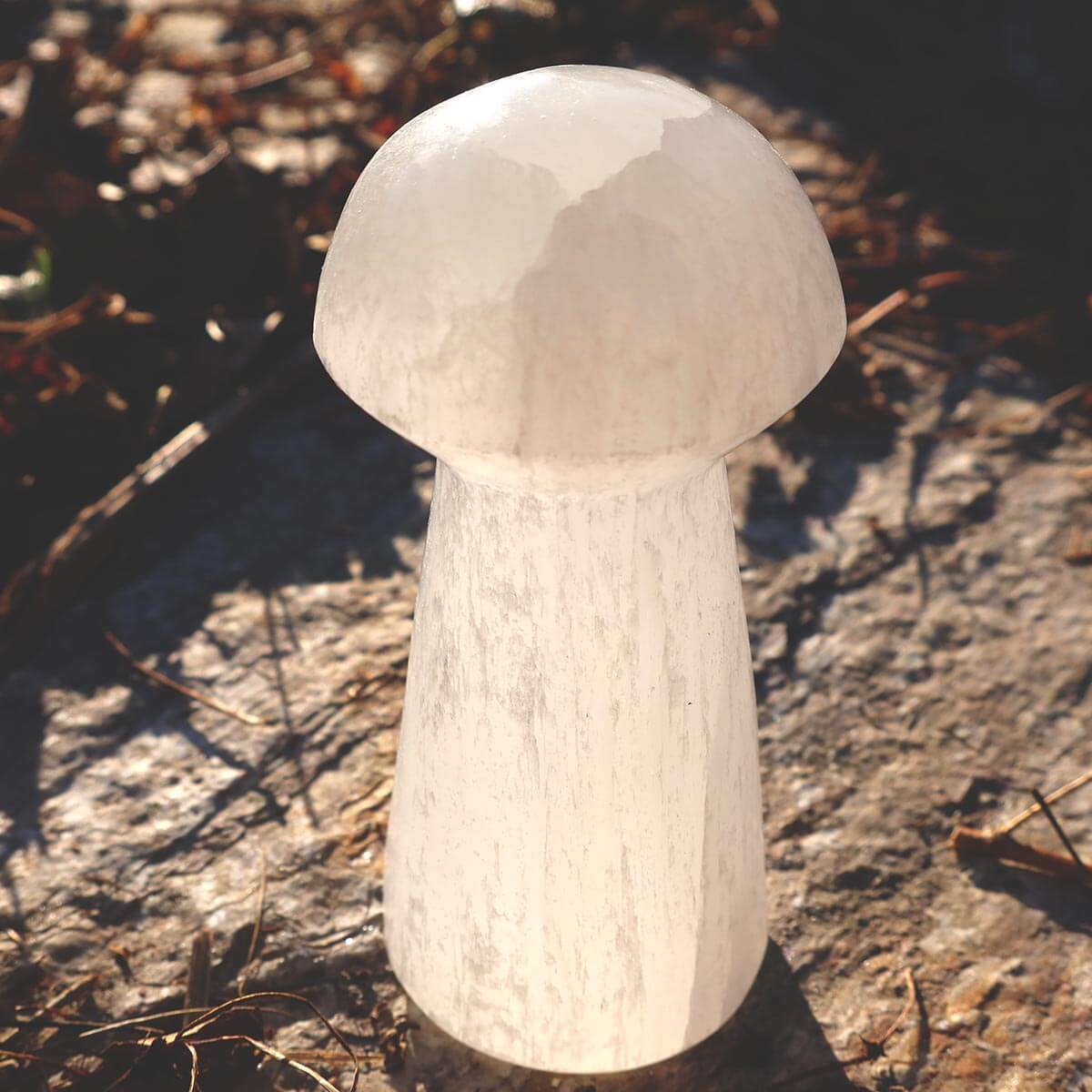 Selenit Glücks Pilz ca. 8 cm höhe - für Stabilität und Gefühl der Kontrolle zu bewahren, schützender Edelstein auf Steinboden.