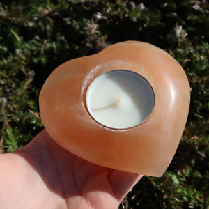 Orange Selenite Heart-Shaped Tealight Holder - 9cm, Stress Relief, Protection Stone, Enhances Stability and Relaxation.