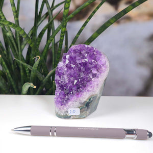 Uruguay Amethyst Mini Geode - 10x7x6cm - Harmonie und Entspannung – extra dunkler Qualität - NR 20 neben einem Stift vor Pflanzen