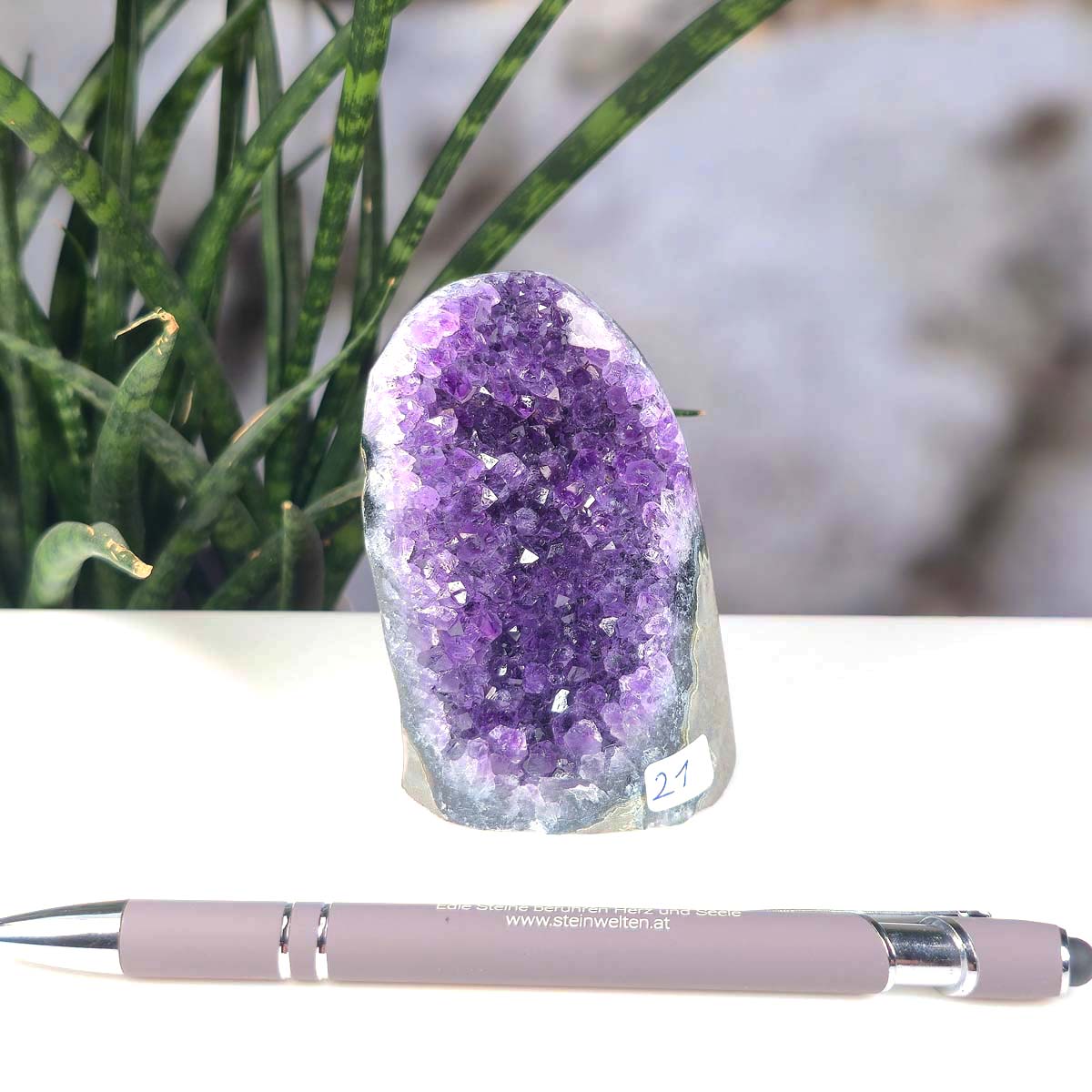 Uruguay Amethyst Mini Geode - 8x6x6cm - Harmonie und Entspannung – extra dunkler Qualität - NR 21 next to a pen and plant