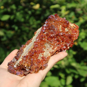 Vanadinit - Natürliche Kristallstufe aus Marokko 13x7x5,5cm - 0,45kg Nr.93 in Hand gehalten, leuchtende rot-orangefarbene Kristalle.