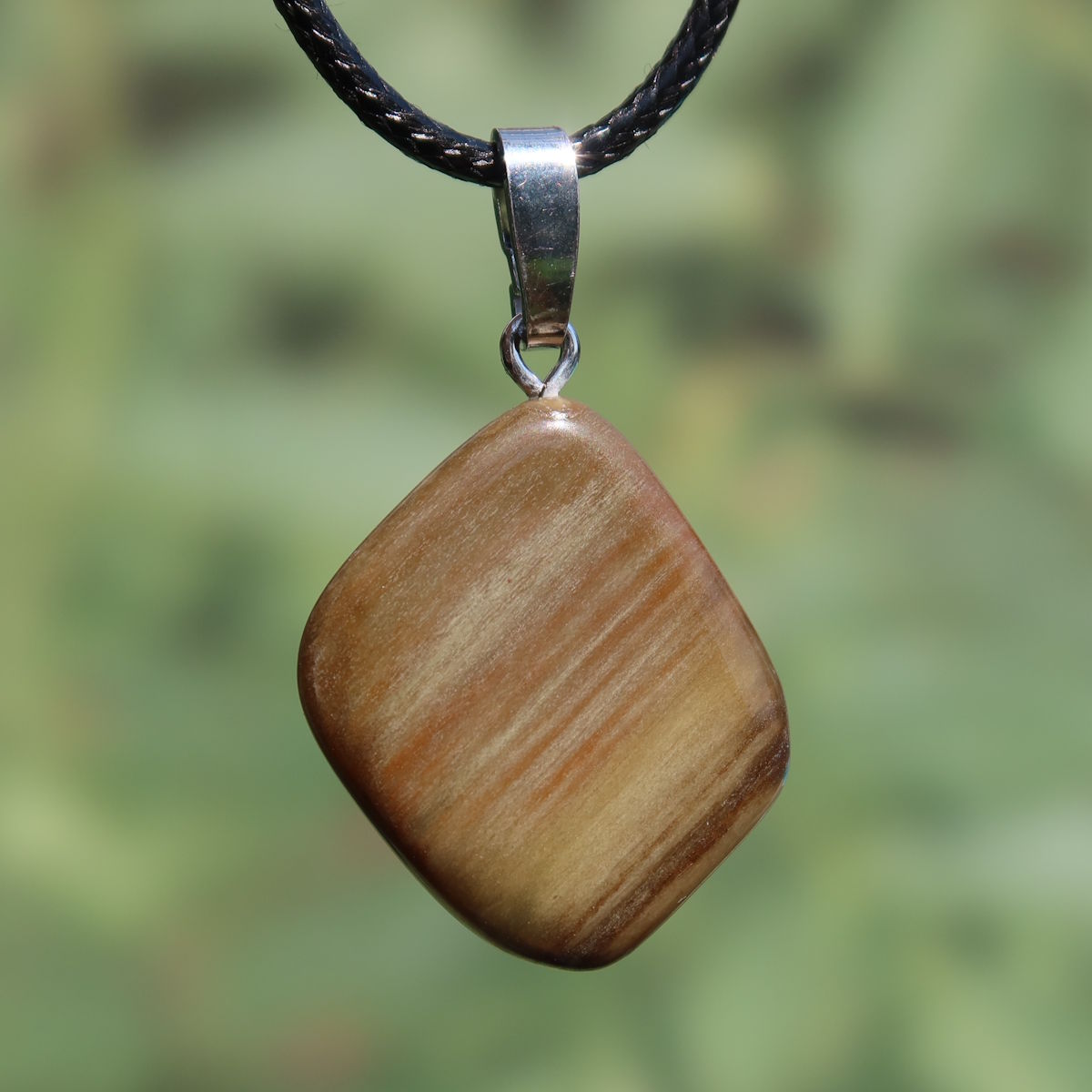 Versteinertes Holz Anhänger - Erdung und Stabilität - UNIKAT Nr. 16 vor grünem Hintergrund im Freien