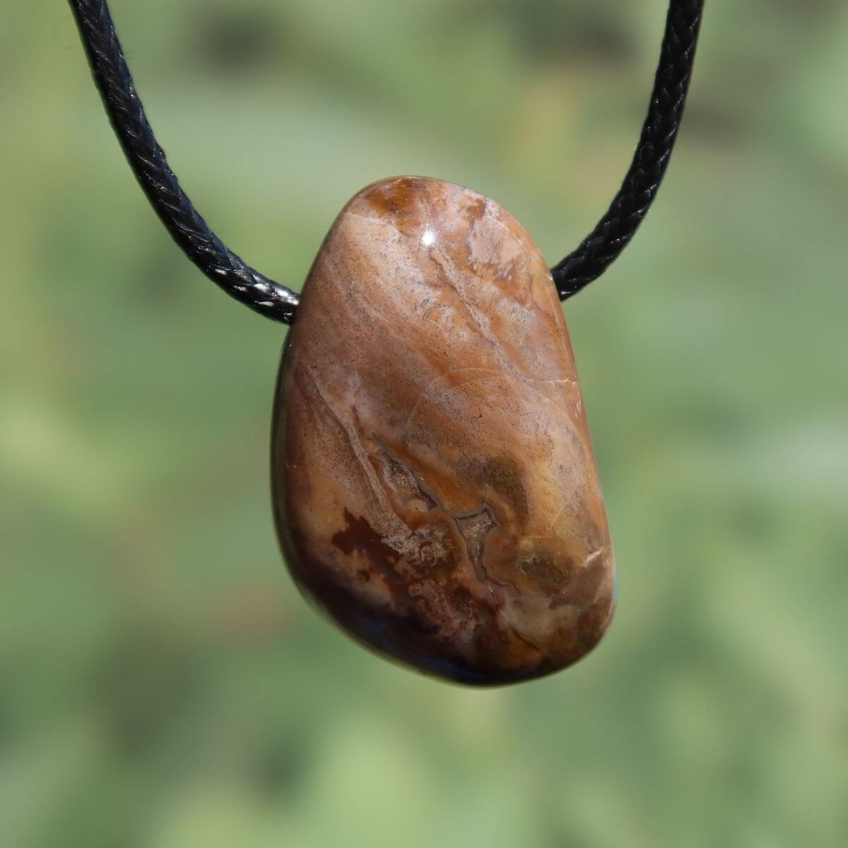 Versteinertes Holz gebohrt- Erdung und Stabilität - UNIKAT Nr. 10 Anhänger aus Naturwunder auf schwarzer Kordel