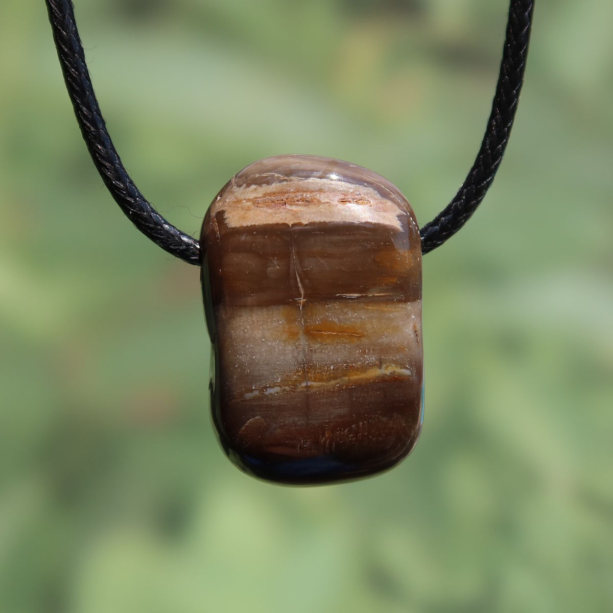 Versteinertes Holz gebohrt- Erdung und Stabilität - UNIKAT Nr. 5 Anhänger an Lederband