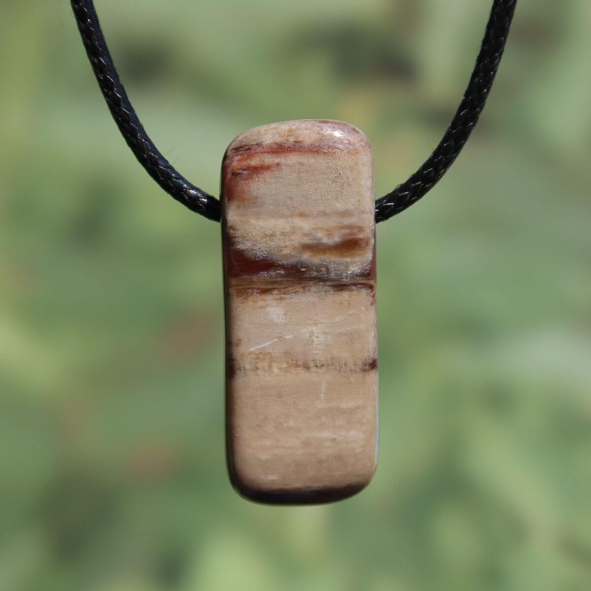 Versteinertes Holz gebohrt- Erdung und Stabilität - UNIKAT Nr. 6 Anhänger am schwarzen Band im Freien