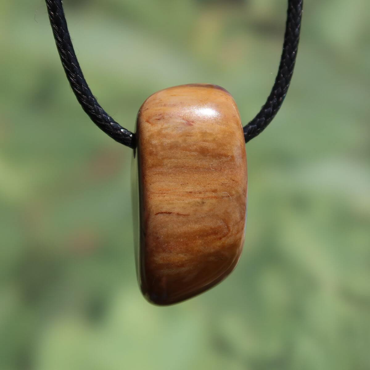 Versteinertes Holz gebohrt- Erdung und Stabilität - UNIKAT Nr. 7, Anhänger mit natürlichen Maserungen auf schwarzem Band