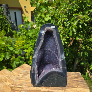 Amethyst Druse – Geode - 29x18x14cm und 8,1kg – Steinwelten OG - Nr. 310 on wooden table, surrounded by greenery