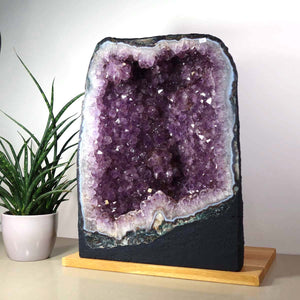 Amethyst Druse – Geode - 33x44x20cm und 35kg – Steinwelten OG - Nr. 457 on display, perfect for decoration and meditation.