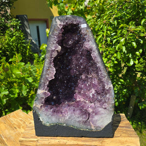 Amethyst Druse – Geode - 36x25x18cm und 14,6kg – Steinwelten OG - Nr. 328, showcasing unique purple crystal formation in natural sunlight.