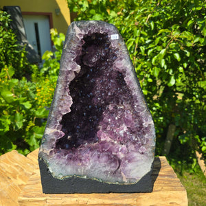 Amethyst Druse – Geode - 36x25x18cm und 14,6kg – Steinwelten OG - Nr. 328 displaying rich purple crystals outdoors