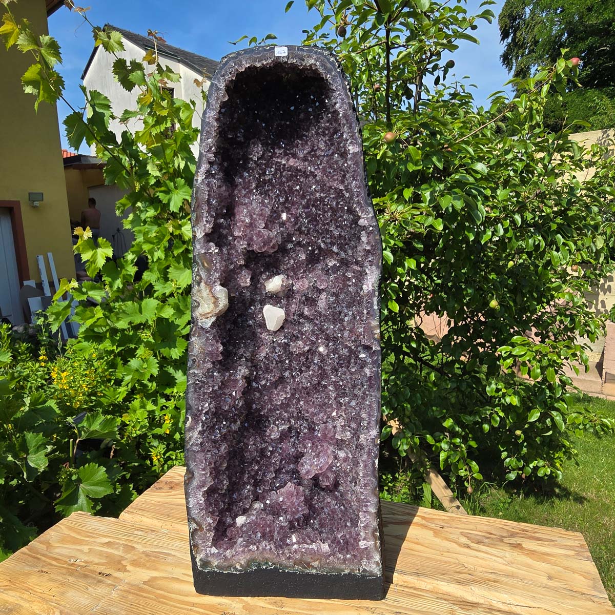 Amethystdrusen Paar 1A - 66kg - Höhe 67cm - Harmonie und Entspannung - UNIKAT 101 in Gartenumgebung