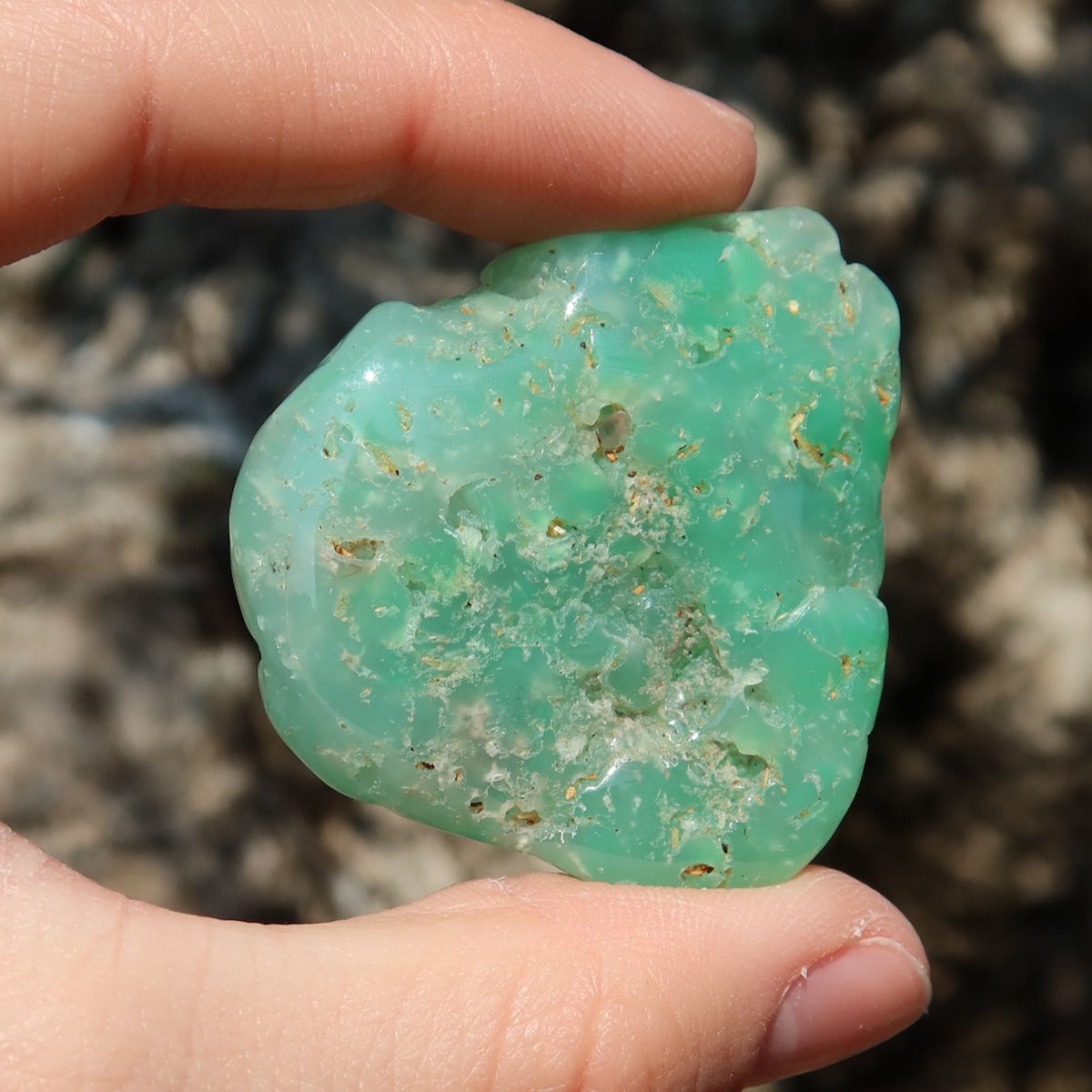 Chrysopras Handschmeichler - Selbstliebe und Vertrauen - Nr. 9 in der Hand, leuchtend und frisch mit natürlicher Ausstrahlung.