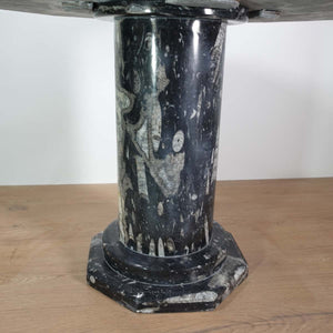 Couchtisch mit Orthoceras und Ammoniten - Fossilien Naturstein - Nr.3, eleganter Säulenfuß aus schwarzem Naturstein.
