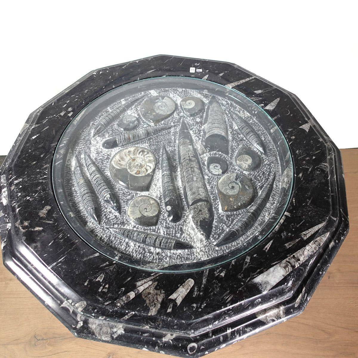 Exklusiver Couchtisch mit Orthoceras und Ammoniten Fossilien, einzigartiges Naturstein Möbelstück