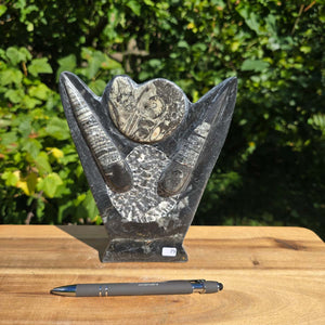 Dekorative handgefertigte Steinskulptur mit Ammoniten und Orthoceren (Fossilien) – 18x16x5cm - Nr. 79.