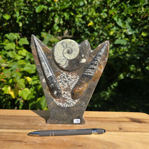 Dekorative handgefertigte Steinskulptur mit Ammoniten und Orthoceren (Fossilien) – 18x16x5cm - Nr. 85