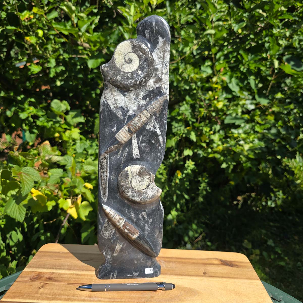 Dekorative handgefertigte Steinskulptur mit Ammoniten und Orthoceren (Fossilien) – 40x10x8cm - Nr. 73
