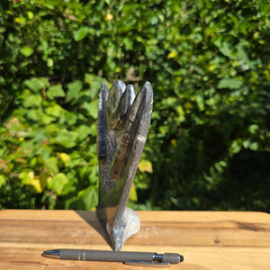 Dekorative handgefertigte Steinskulptur mit Ammoniten und Orthoceren (Fossilien) – 18x16x5cm - Nr. 90 seitliche Ansicht