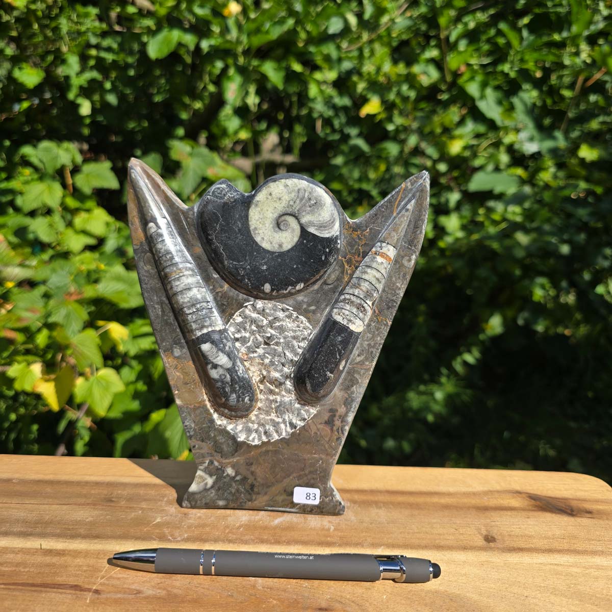 Dekorative handgefertigte Steinskulptur mit Ammoniten und Orthoceren (Fossilien) – 18x16x5cm - Nr. 83