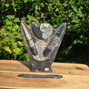 Dekorative handgefertigte Steinskulptur mit Ammoniten und Orthoceren (Fossilien) – 18x16x5cm - Nr. 88 auf Holzoberfläche.