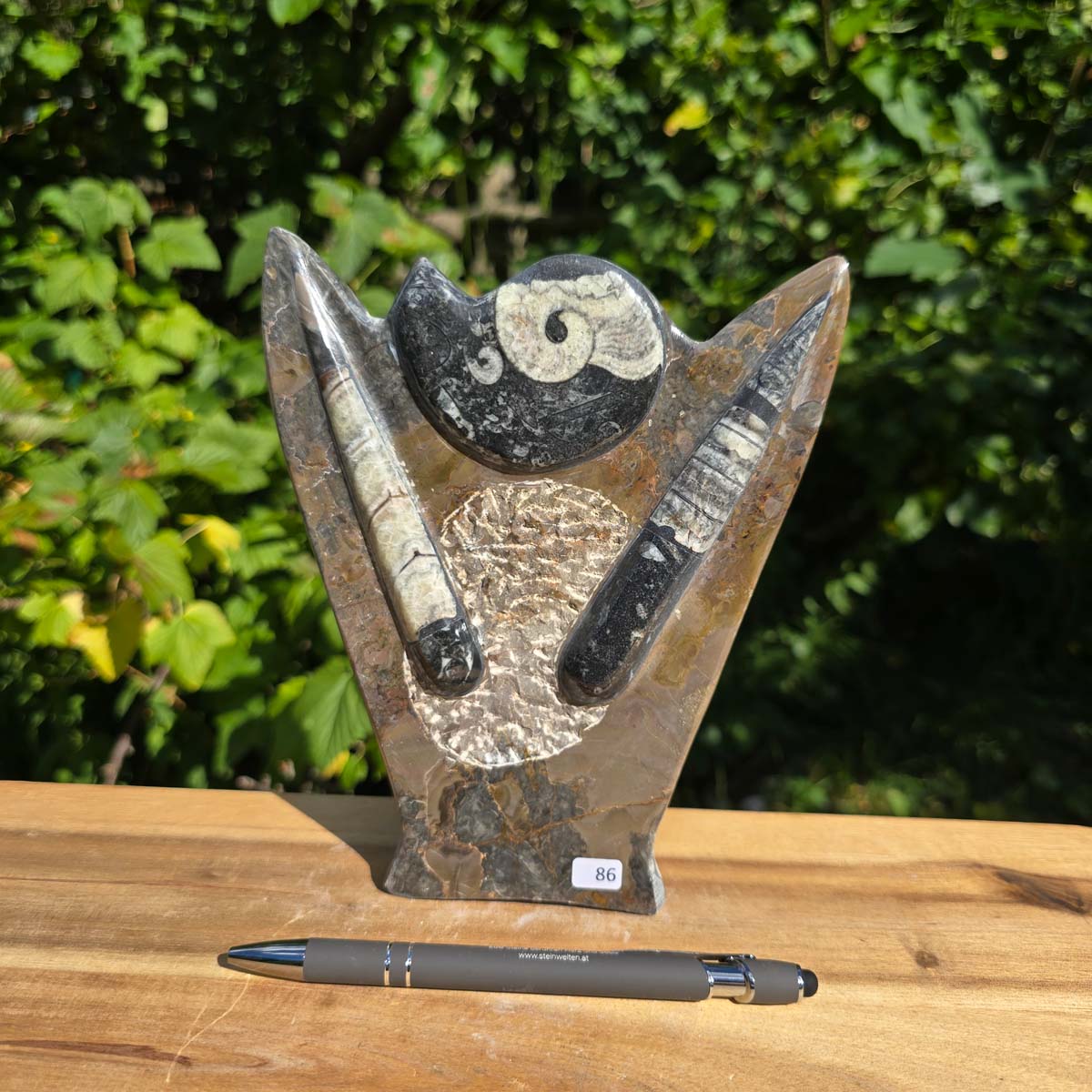 Dekorative handgefertigte Steinskulptur mit Ammoniten und Orthoceren (Fossilien) – 18x16x5cm - Nr. 86.