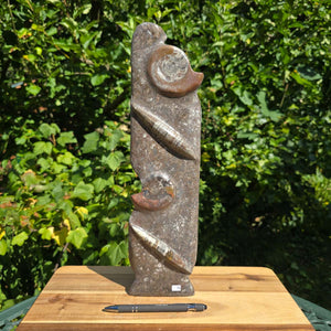 Dekorative handgefertigte Steinskulptur mit Ammoniten und Orthoceren (Fossilien) – 40x10x8cm - Nr. 76 auf Holzoberfläche.