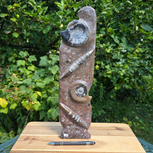 Dekorative handgefertigte Steinskulptur mit Ammoniten und Orthoceren (Fossilien) – 40x10x8cm - Nr. 65