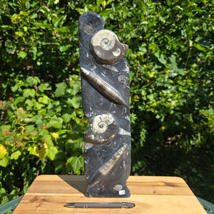 Dekorative handgefertigte Steinskulptur mit Ammoniten und Orthoceren (Fossilien) – 40x10x8cm - Nr. 69