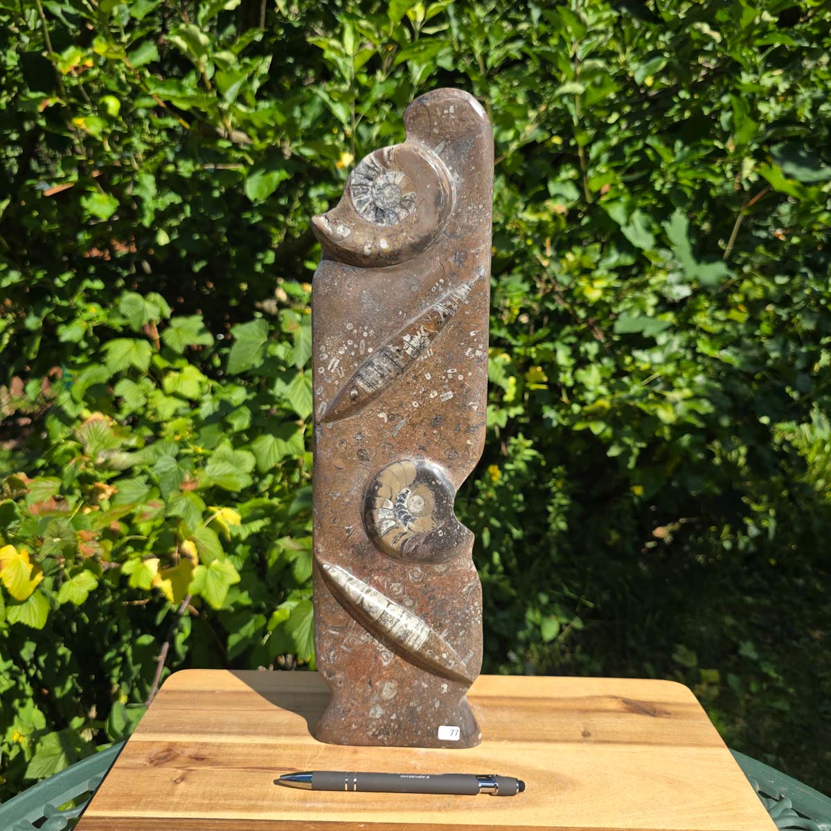 Dekorative handgefertigte Steinskulptur mit Ammoniten und Orthoceren (Fossilien) – 40x10x8cm - Nr. 77 in der Natur.
