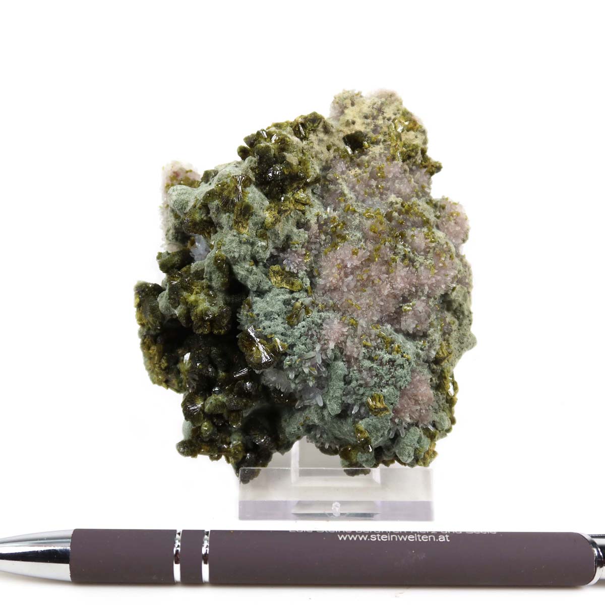 Epidote with pink quartz crystal, 8x8x4 cm, showcasing natural clarity and harmony, ideal for mineral collectors.