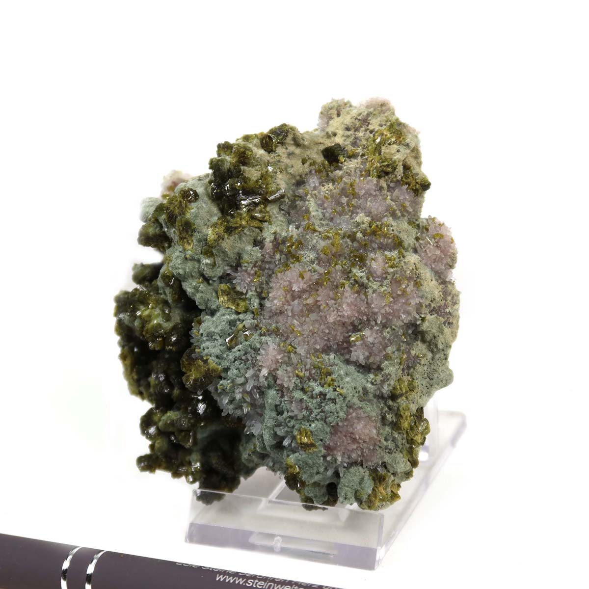 Epidote with pink quartz crystal, 8x8x4 cm, showcasing natural clarity and harmony, ideal for mineral collectors.