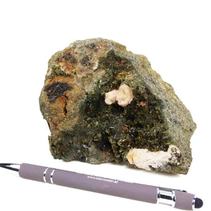 Epidot and Prehnit mineral specimen from Morocco, measuring 12x8x8 cm, perfect for collectors, displayed next to pen for scale.
