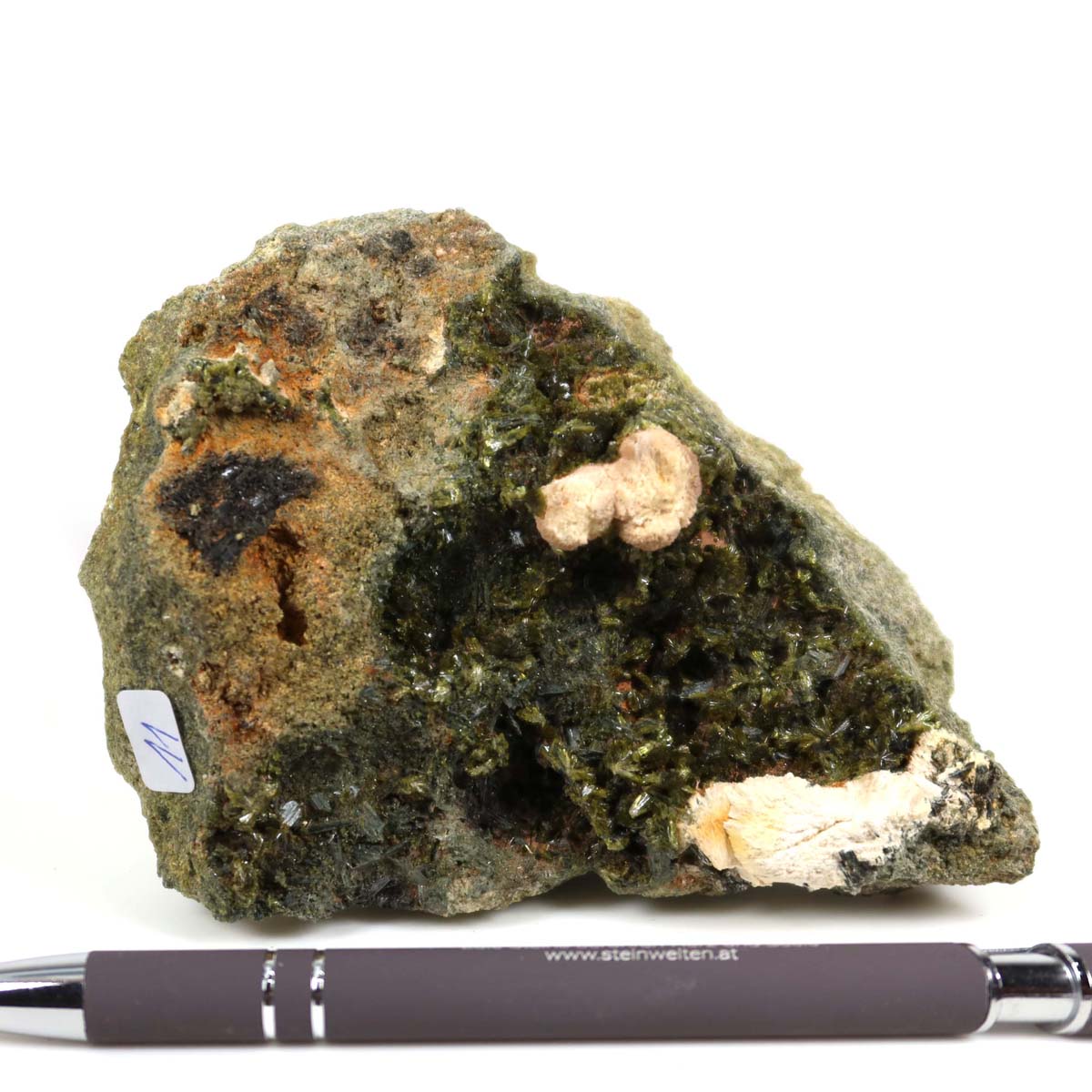 Epidot Kristall mit Prehnit aus Marokko, Rohstück für Sammler, 12x8x8 cm, natürliche Mineralkombination zur Selbstliebe und Erholung.