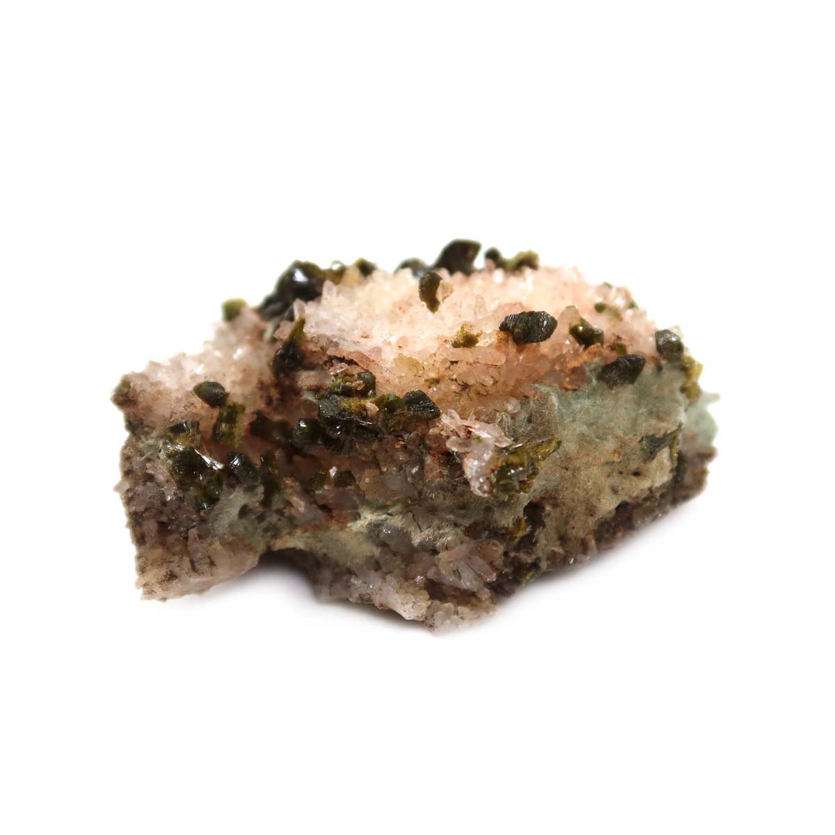 Epidot und Quarz Kristall Stufe, 6x5x2 cm, ideal für Sammler. Perfekt naturbelassenes Stück aus Marokko. Mineralien kaufen.